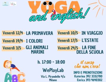 Locandina del corso di Yoga e Inglese per bambini, che avranno l'opportunità di imparare una nuova lingua mentre si divertono e si rilassano con lo yoga.